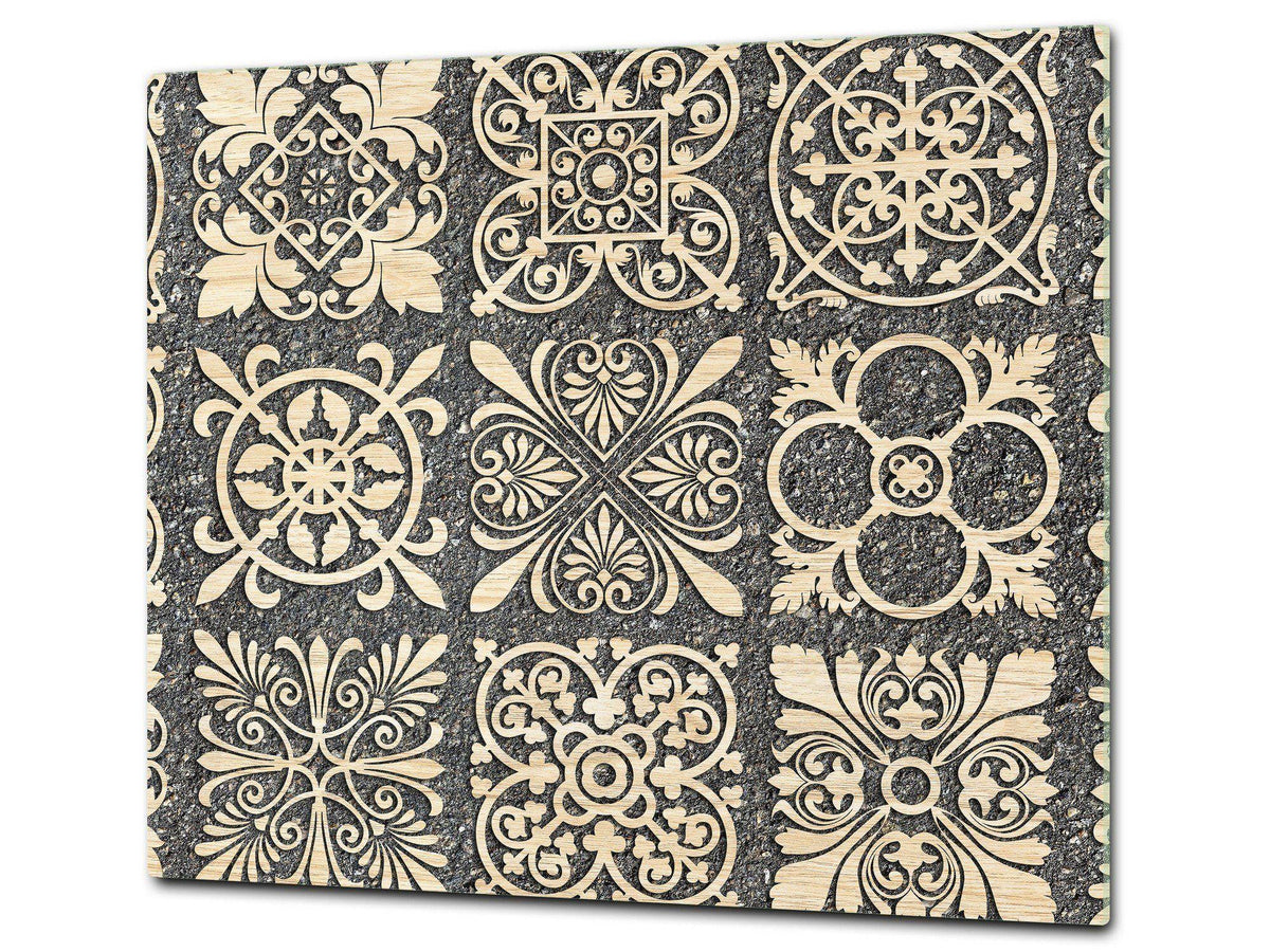 Tempered GLASS Kitchen Board – Impact & Scratch Resistant D27 Vintage leaves and patterns Series: Sculpted mosaic pattern