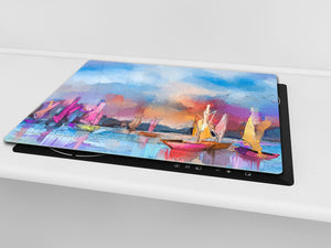 Induction Cooktop Cover –Shatter Resistant Glass Kitchen Board – Hob cover; MEASURES: SINGLE: 60 x 52 cm (23,62” x 20,47”); DOUBLE: 30 x 52 cm (11,81” x 20,47”); D32 Paintings Series: Impressionist seascape