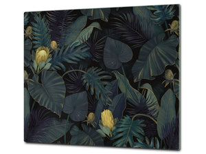 Induction Cooktop Cover Kitchen Board – Impact Resistant Glass Pastry Board – Heat resistant; MEASURES: SINGLE: 60 x 52 cm (23,62” x 20,47”); DOUBLE: 30 x 52 cm (11,81” x 20,47”); D31 Tropical Leaves Series: Leafy wallpaper