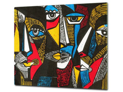 Induction Cooktop Cover –Shatter Resistant Glass Kitchen Board – Hob cover; MEASURES: SINGLE: 60 x 52 cm (23,62” x 20,47”); DOUBLE: 30 x 52 cm (11,81” x 20,47”); D32 Paintings Series: Surreal coloured faces