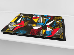Induction Cooktop Cover –Shatter Resistant Glass Kitchen Board – Hob cover; MEASURES: SINGLE: 60 x 52 cm (23,62” x 20,47”); DOUBLE: 30 x 52 cm (11,81” x 20,47”); D32 Paintings Series: Surreal coloured faces