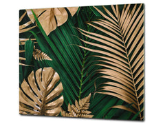 Induction Cooktop Cover Kitchen Board – Impact Resistant Glass Pastry Board – Heat resistant; MEASURES: SINGLE: 60 x 52 cm (23,62” x 20,47”); DOUBLE: 30 x 52 cm (11,81” x 20,47”); D31 Tropical Leaves Series: Creative nature background