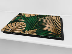 Induction Cooktop Cover Kitchen Board – Impact Resistant Glass Pastry Board – Heat resistant; MEASURES: SINGLE: 60 x 52 cm (23,62” x 20,47”); DOUBLE: 30 x 52 cm (11,81” x 20,47”); D31 Tropical Leaves Series: Creative nature background
