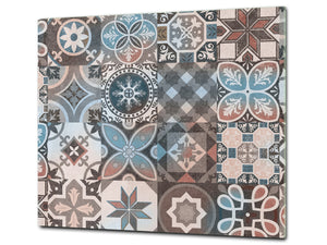 Tempered GLASS Kitchen Board – Impact & Scratch Resistant D27 Vintage leaves and patterns Series: Spanish mosaic tiles