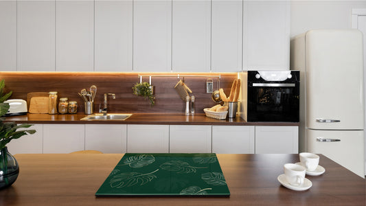 Induction Cooktop Cover Kitchen Board – Impact Resistant Glass Pastry Board – Heat resistant; MEASURES: SINGLE: 60 x 52 cm (23,62” x 20,47”); DOUBLE: 30 x 52 cm (11,81” x 20,47”); D31 Tropical Leaves Series: Modern monstera leaves
