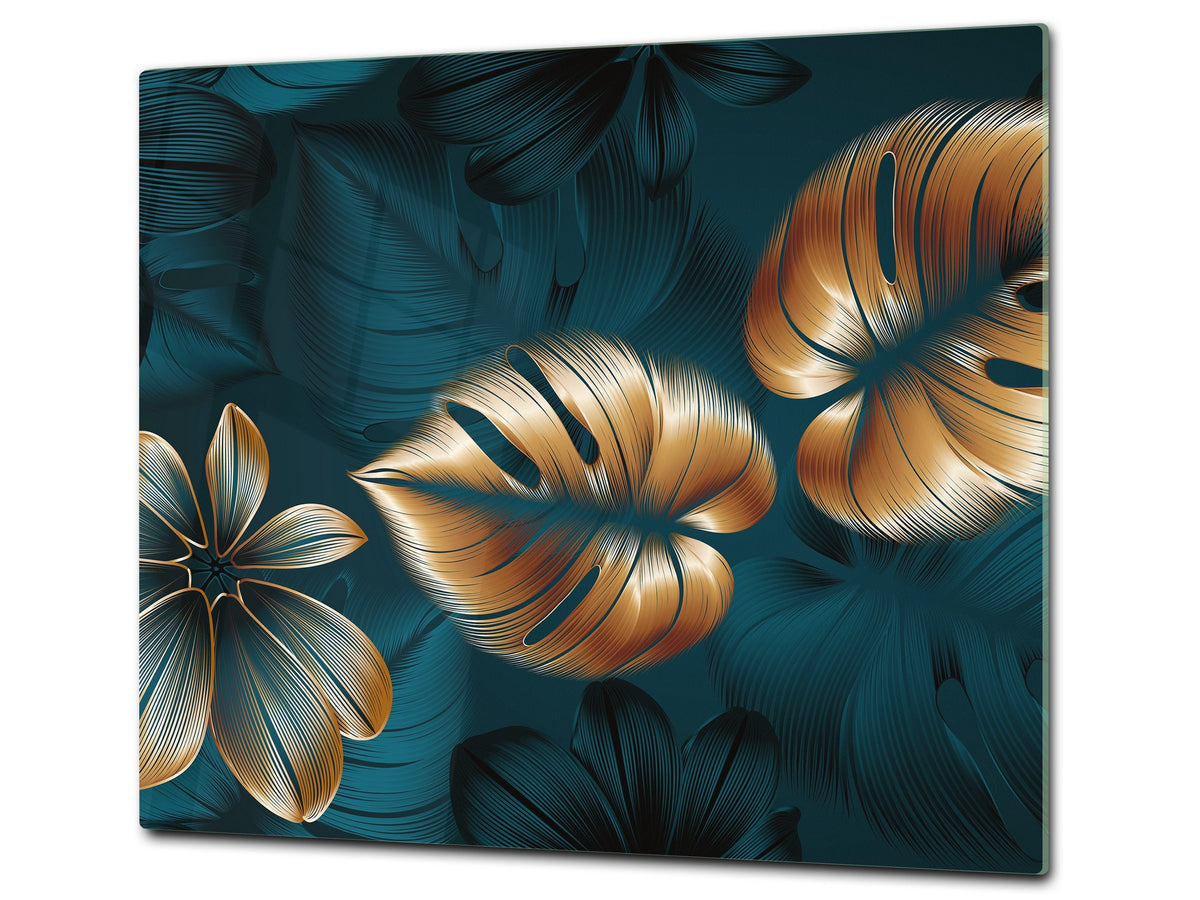 Induction Cooktop Cover Kitchen Board – Impact Resistant Glass Pastry Board – Heat resistant; MEASURES: SINGLE: 60 x 52 cm (23,62” x 20,47”); DOUBLE: 30 x 52 cm (11,81” x 20,47”); D31 Tropical Leaves Series: Shining luxury leaves