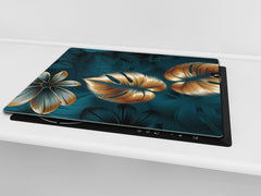 Induction Cooktop Cover Kitchen Board – Impact Resistant Glass Pastry Board – Heat resistant; MEASURES: SINGLE: 60 x 52 cm (23,62” x 20,47”); DOUBLE: 30 x 52 cm (11,81” x 20,47”); D31 Tropical Leaves Series: Shining luxury leaves