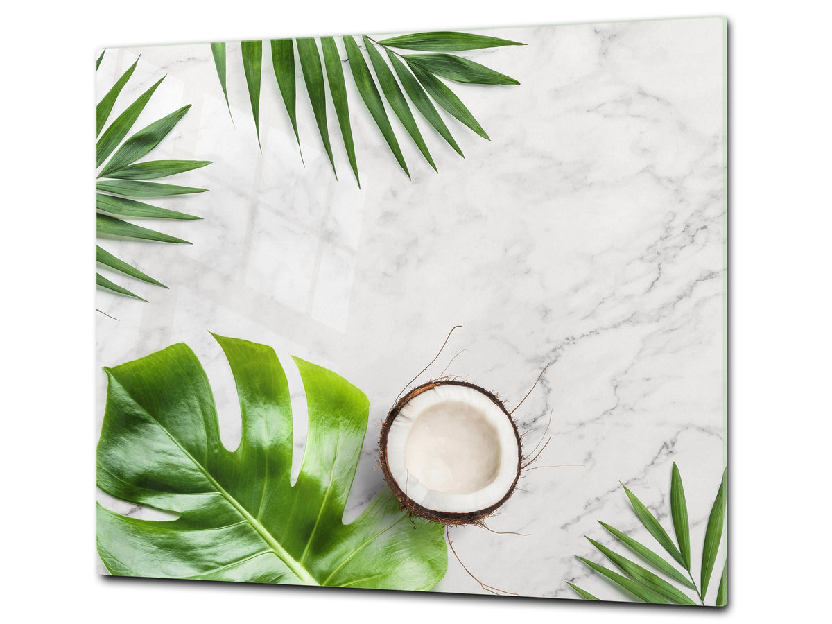 Induction Cooktop Cover Kitchen Board – Impact Resistant Glass Pastry Board – Heat resistant; MEASURES: SINGLE: 60 x 52 cm (23,62” x 20,47”); DOUBLE: 30 x 52 cm (11,81” x 20,47”); D31 Tropical Leaves Series: Summer concept