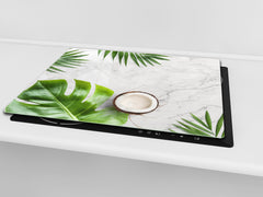 Induction Cooktop Cover Kitchen Board – Impact Resistant Glass Pastry Board – Heat resistant; MEASURES: SINGLE: 60 x 52 cm (23,62” x 20,47”); DOUBLE: 30 x 52 cm (11,81” x 20,47”); D31 Tropical Leaves Series: Summer concept