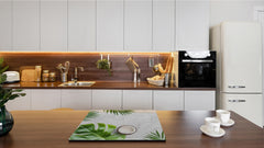 Induction Cooktop Cover Kitchen Board – Impact Resistant Glass Pastry Board – Heat resistant; MEASURES: SINGLE: 60 x 52 cm (23,62” x 20,47”); DOUBLE: 30 x 52 cm (11,81” x 20,47”); D31 Tropical Leaves Series: Summer concept