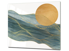 Tempered GLASS Kitchen Board – Impact & Scratch Resistant D27 Vintage leaves and patterns Series: Gold abstract lines
