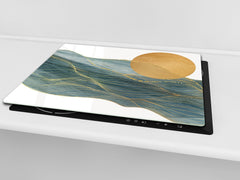 Tempered GLASS Kitchen Board – Impact & Scratch Resistant D27 Vintage leaves and patterns Series: Gold abstract lines