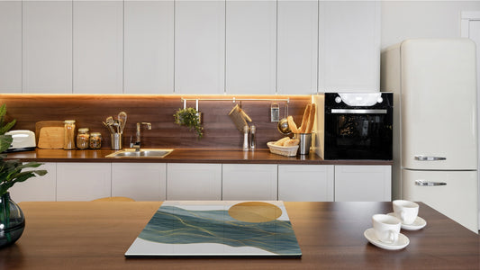 Tempered GLASS Kitchen Board – Impact & Scratch Resistant D27 Vintage leaves and patterns Series: Gold abstract lines