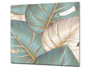 Induction Cooktop Cover Kitchen Board – Impact Resistant Glass Pastry Board – Heat resistant; MEASURES: SINGLE: 60 x 52 cm (23,62” x 20,47”); DOUBLE: 30 x 52 cm (11,81” x 20,47”); D31 Tropical Leaves Series: Romantic monstera pattern