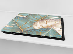Induction Cooktop Cover Kitchen Board – Impact Resistant Glass Pastry Board – Heat resistant; MEASURES: SINGLE: 60 x 52 cm (23,62” x 20,47”); DOUBLE: 30 x 52 cm (11,81” x 20,47”); D31 Tropical Leaves Series: Romantic monstera pattern