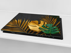Induction Cooktop Cover Kitchen Board – Impact Resistant Glass Pastry Board – Heat resistant; MEASURES: SINGLE: 60 x 52 cm (23,62” x 20,47”); DOUBLE: 30 x 52 cm (11,81” x 20,47”); D31 Tropical Leaves Series: Painted gold leaves