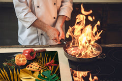 Induction Cooktop Cover Kitchen Board – Impact Resistant Glass Pastry Board – Heat resistant; MEASURES: SINGLE: 60 x 52 cm (23,62” x 20,47”); DOUBLE: 30 x 52 cm (11,81” x 20,47”); D31 Tropical Leaves Series: Painted gold leaves