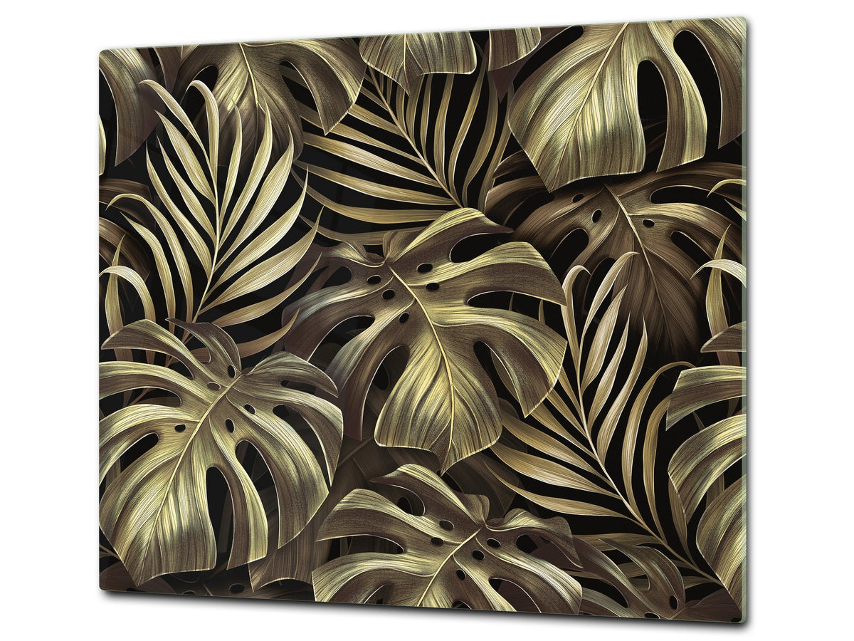 Induction Cooktop Cover Kitchen Board – Impact Resistant Glass Pastry Board – Heat resistant; MEASURES: SINGLE: 60 x 52 cm (23,62” x 20,47”); DOUBLE: 30 x 52 cm (11,81” x 20,47”); D31 Tropical Leaves Series: Exotic vintage