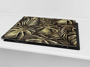 Induction Cooktop Cover Kitchen Board – Impact Resistant Glass Pastry Board – Heat resistant; MEASURES: SINGLE: 60 x 52 cm (23,62” x 20,47”); DOUBLE: 30 x 52 cm (11,81” x 20,47”); D31 Tropical Leaves Series: Exotic vintage