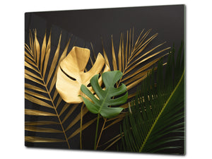 Induction Cooktop Cover Kitchen Board – Impact Resistant Glass Pastry Board – Heat resistant; MEASURES: SINGLE: 60 x 52 cm (23,62” x 20,47”); DOUBLE: 30 x 52 cm (11,81” x 20,47”); D31 Tropical Leaves Series: Leave texture on black background