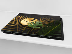 Induction Cooktop Cover Kitchen Board – Impact Resistant Glass Pastry Board – Heat resistant; MEASURES: SINGLE: 60 x 52 cm (23,62” x 20,47”); DOUBLE: 30 x 52 cm (11,81” x 20,47”); D31 Tropical Leaves Series: Leave texture on black background