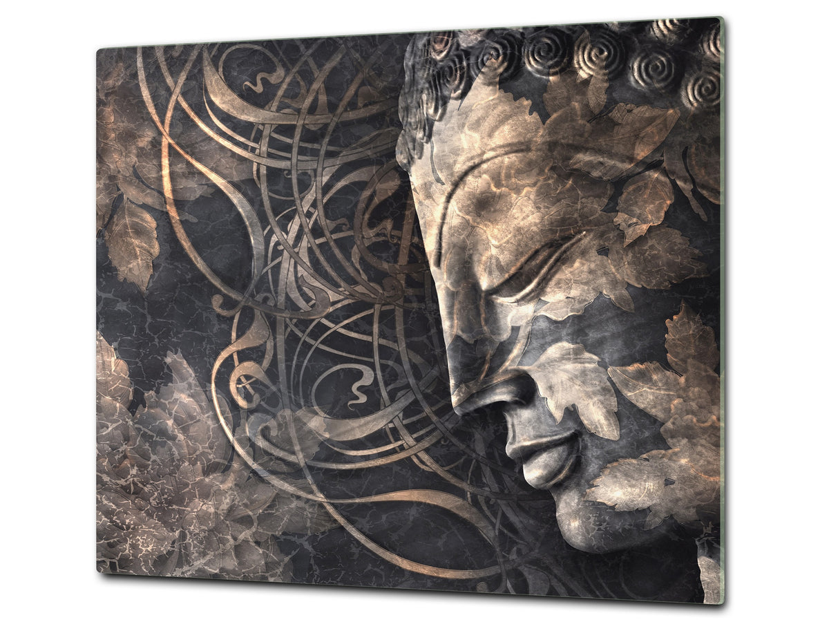 Chopping Board Set - Induction Cooktop Cover – Glass Cutting Board; MEASURES: SINGLE: 60 x 52 cm (23,62” x 20,47”); DOUBLE: 30 x 52 cm (11,81” x 20,47”); D33 Abstract Graphics Series: Buddha digital art