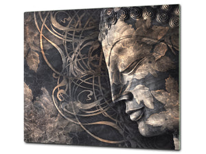 Chopping Board Set - Induction Cooktop Cover – Glass Cutting Board; MEASURES: SINGLE: 60 x 52 cm (23,62” x 20,47”); DOUBLE: 30 x 52 cm (11,81” x 20,47”); D33 Abstract Graphics Series: Buddha digital art