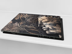 Chopping Board Set - Induction Cooktop Cover – Glass Cutting Board; MEASURES: SINGLE: 60 x 52 cm (23,62” x 20,47”); DOUBLE: 30 x 52 cm (11,81” x 20,47”); D33 Abstract Graphics Series: Buddha digital art