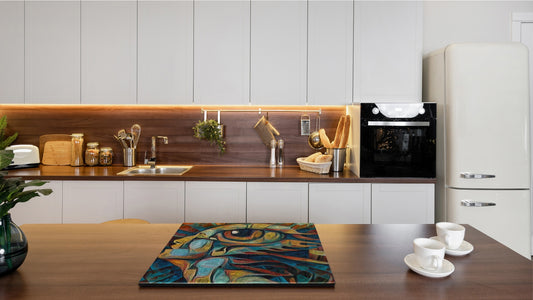 Induction Cooktop Cover –Shatter Resistant Glass Kitchen Board – Hob cover; MEASURES: SINGLE: 60 x 52 cm (23,62” x 20,47”); DOUBLE: 30 x 52 cm (11,81” x 20,47”); D32 Paintings Series: Inner eye