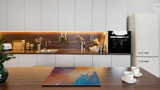Induction Cooktop Cover –Shatter Resistant Glass Kitchen Board – Hob cover; MEASURES: SINGLE: 60 x 52 cm (23,62” x 20,47”); DOUBLE: 30 x 52 cm (11,81” x 20,47”); D32 Paintings Series: Impressionist sky 2