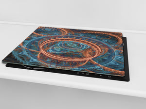Chopping Board Set - Induction Cooktop Cover – Glass Cutting Board; MEASURES: SINGLE: 60 x 52 cm (23,62” x 20,47”); DOUBLE: 30 x 52 cm (11,81” x 20,47”); D33 Abstract Graphics Series: Fiery wheels
