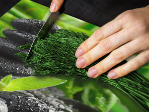 Tabla de cortar decorativa de cristal templado y cubre vitro – Dos en Uno – Resistente a golpes y arañazo; D08 Serie Naturaleza: Bambú con piedras