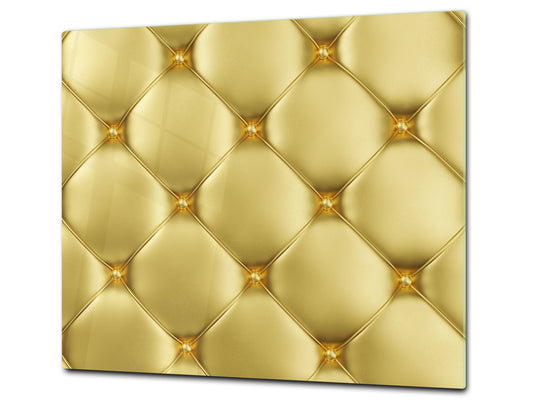 TEMPERED GLASS CHOPPING BOARD – Glass Cutting Board and Worktop Saver – Worktop protector; MEASURES: SINGLE: 60 x 52 cm (23,62” x 20,47”); DOUBLE: 30 x 52 cm (11,81” x 20,47”); D30 Decorative Surfaces Series: Golden leather upholstery 1