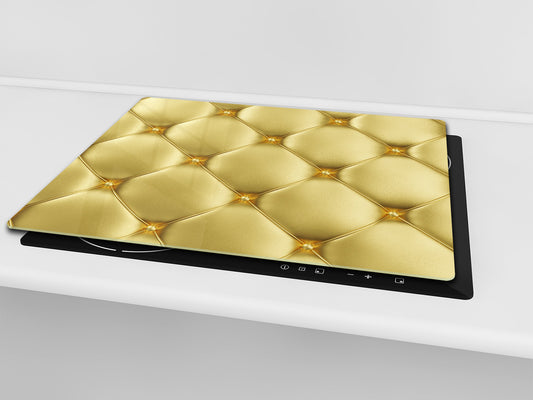 TEMPERED GLASS CHOPPING BOARD – Glass Cutting Board and Worktop Saver – Worktop protector; MEASURES: SINGLE: 60 x 52 cm (23,62” x 20,47”); DOUBLE: 30 x 52 cm (11,81” x 20,47”); D30 Decorative Surfaces Series: Golden leather upholstery 1