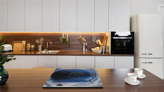 Chopping Board Set - Induction Cooktop Cover – Glass Cutting Board; MEASURES: SINGLE: 60 x 52 cm (23,62” x 20,47”); DOUBLE: 30 x 52 cm (11,81” x 20,47”); D33 Abstract Graphics Series: Space and time