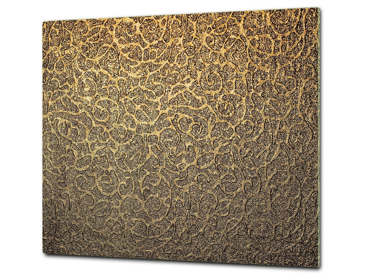 TEMPERED GLASS CHOPPING BOARD – Glass Cutting Board and Worktop Saver – Worktop protector; MEASURES: SINGLE: 60 x 52 cm (23,62” x 20,47”); DOUBLE: 30 x 52 cm (11,81” x 20,47”); D30 Decorative Surfaces Series: Luxury golden pattern