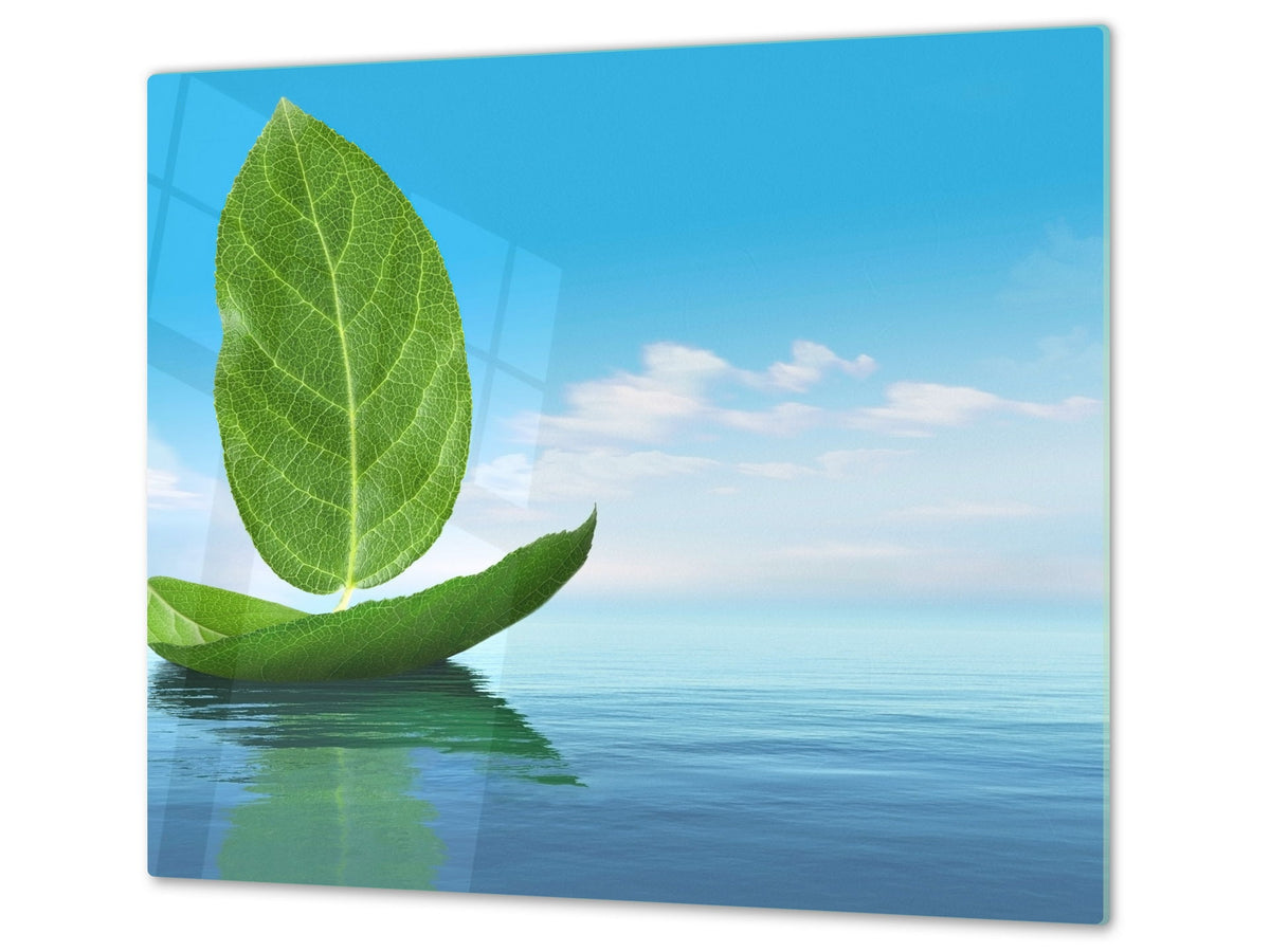 CUTTING BOARD and Cooktop Cover - Impact & Shatter Resistant Glass D02 Water Series: Leaves 10
