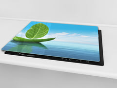 CUTTING BOARD and Cooktop Cover - Impact & Shatter Resistant Glass D02 Water Series: Leaves 10