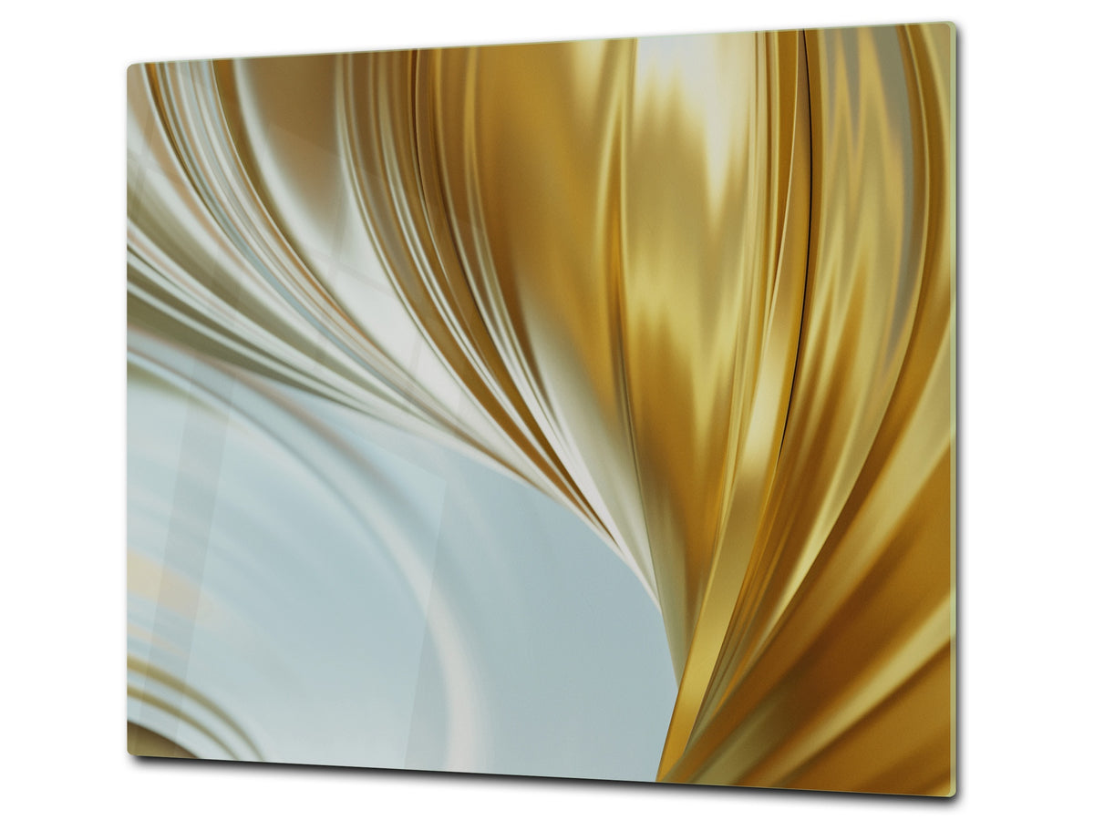 Tempered GLASS Cutting Board – Worktop saver and Pastry Board –- Glass Kitchen Board; MEASURES: SINGLE: 60 x 52 cm (23,62” x 20,47”); DOUBLE: 30 x 52 cm (11,81” x 20,47”); D28 Golden Waves Series: Gold satin background