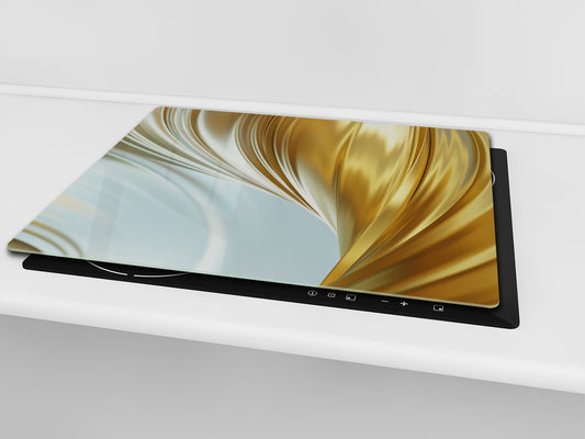 Tempered GLASS Cutting Board – Worktop saver and Pastry Board –- Glass Kitchen Board; MEASURES: SINGLE: 60 x 52 cm (23,62” x 20,47”); DOUBLE: 30 x 52 cm (11,81” x 20,47”); D28 Golden Waves Series: Gold satin background