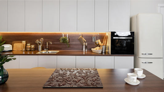 TEMPERED GLASS CHOPPING BOARD – Glass Cutting Board and Worktop Saver – Worktop protector; MEASURES: SINGLE: 60 x 52 cm (23,62” x 20,47”); DOUBLE: 30 x 52 cm (11,81” x 20,47”); D30 Decorative Surfaces Series: Vintage chocolate surface