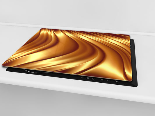 Tempered GLASS Cutting Board – Worktop saver and Pastry Board – Glass Kitchen Board; MEASURES: SINGLE: 60 x 52 cm (23,62” x 20,47”); DOUBLE: 30 x 52 cm (11,81” x 20,47”); D28 Golden Waves Series: Liquid gold 2