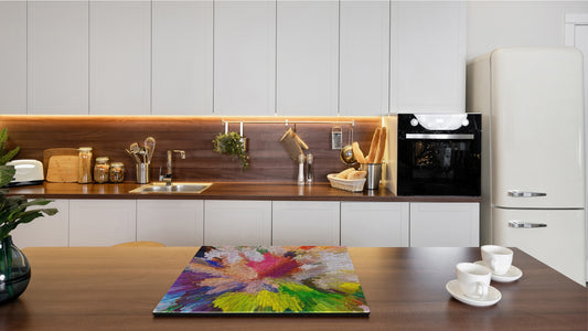 Induction Cooktop Cover –Shatter Resistant Glass Kitchen Board – Hob cover; MEASURES: SINGLE: 60 x 52 cm (23,62” x 20,47”); DOUBLE: 30 x 52 cm (11,81” x 20,47”); D32 Paintings Series: Digital flower painting