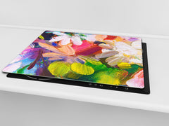 Induction Cooktop Cover –Shatter Resistant Glass Kitchen Board – Hob cover; MEASURES: SINGLE: 60 x 52 cm (23,62” x 20,47”); DOUBLE: 30 x 52 cm (11,81” x 20,47”); D32 Paintings Series: Impressionist flowers