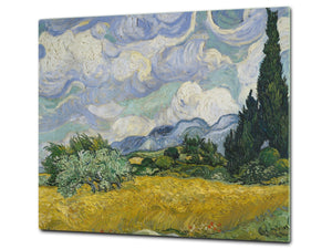 Induction Cooktop Cover –Shatter Resistant Glass Kitchen Board – Hob cover; MEASURES: SINGLE: 60 x 52 cm (23,62” x 20,47”); DOUBLE: 30 x 52 cm (11,81” x 20,47”); D32 Paintings Series: Wheat Field with Cypresses by Van Gogh