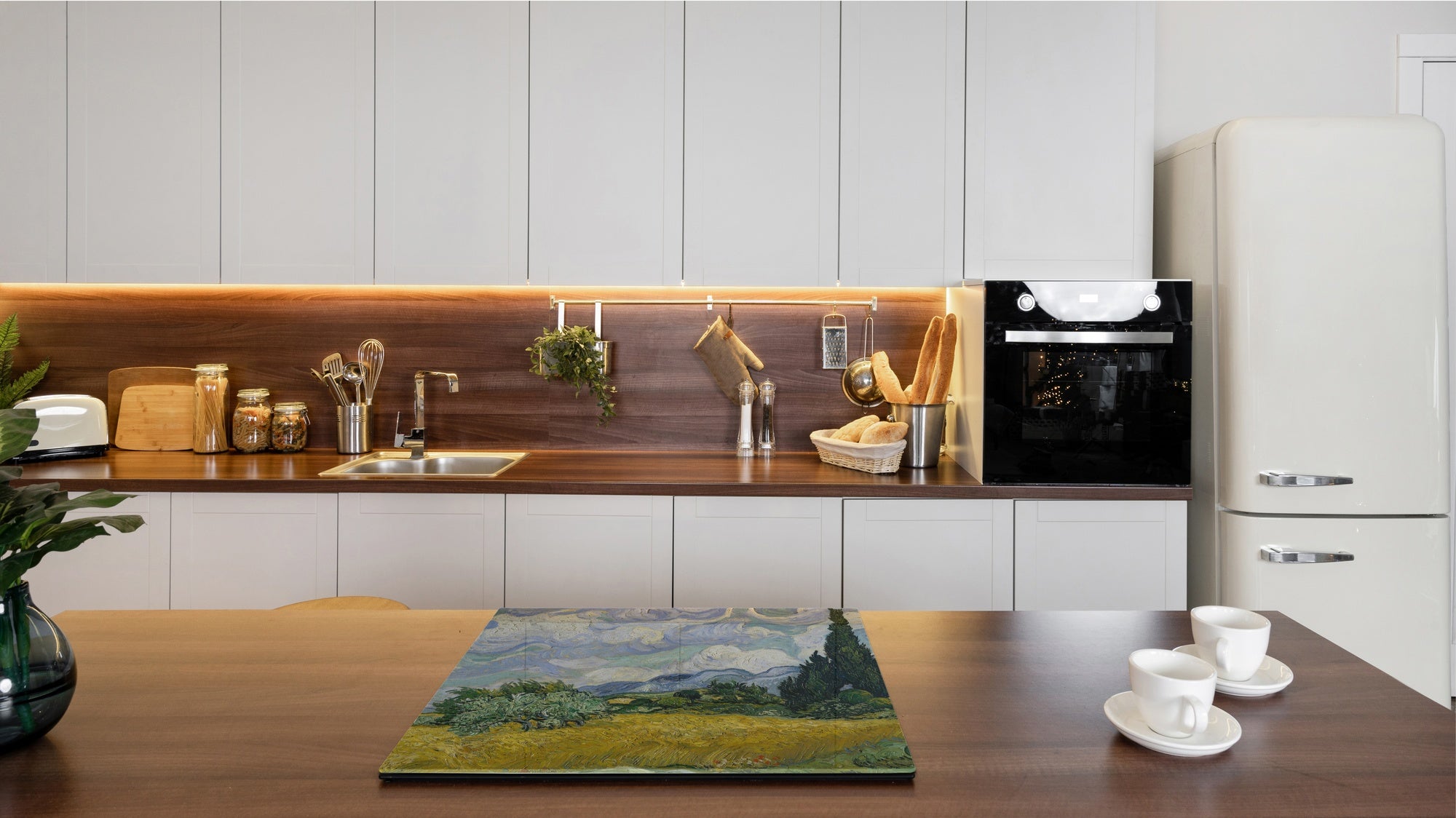 Induction Cooktop Cover –Shatter Resistant Glass Kitchen Board – Hob cover; MEASURES: SINGLE: 60 x 52 cm (23,62” x 20,47”); DOUBLE: 30 x 52 cm (11,81” x 20,47”); D32 Paintings Series: Wheat Field with Cypresses by Van Gogh