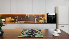 Induction Cooktop Cover –Shatter Resistant Glass Kitchen Board – Hob cover; MEASURES: SINGLE: 60 x 52 cm (23,62” x 20,47”); DOUBLE: 30 x 52 cm (11,81” x 20,47”); D32 Paintings Series: Stained glass