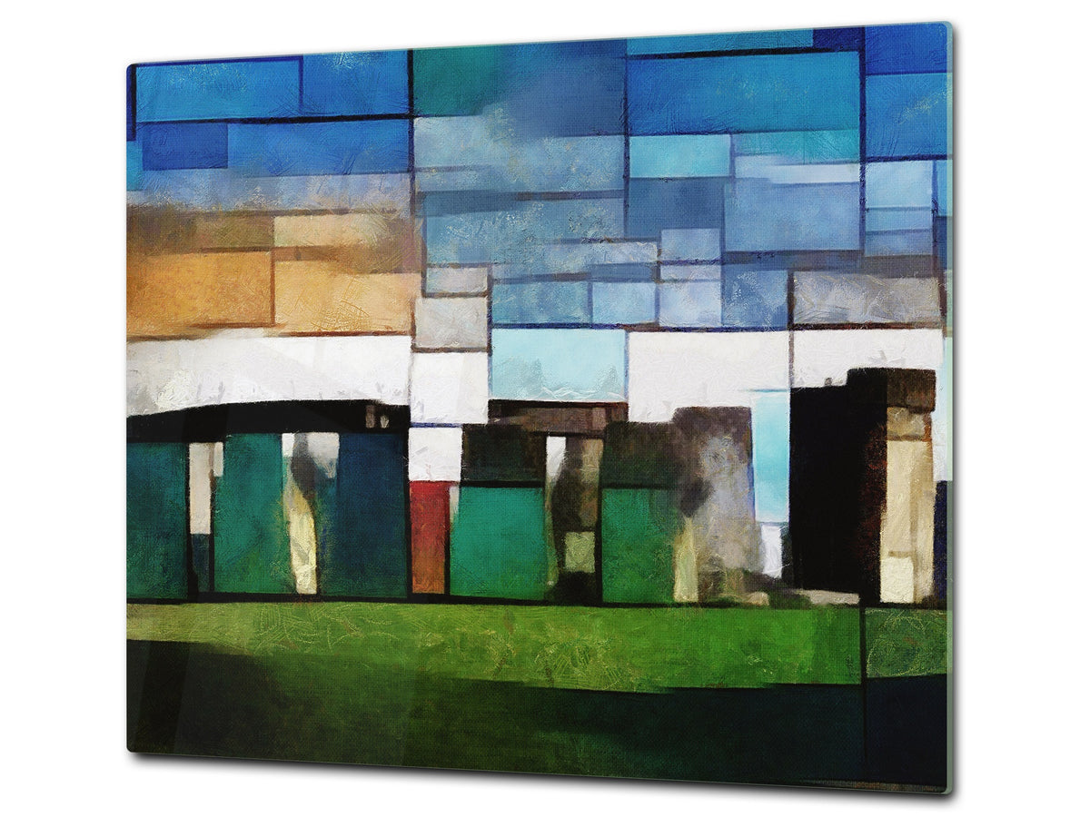 Induction Cooktop Cover –Shatter Resistant Glass Kitchen Board – Hob cover; MEASURES: SINGLE: 60 x 52 cm (23,62” x 20,47”); DOUBLE: 30 x 52 cm (11,81” x 20,47”); D32 Paintings Series: Cubist Stonehenge