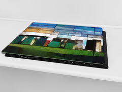 Induction Cooktop Cover –Shatter Resistant Glass Kitchen Board – Hob cover; MEASURES: SINGLE: 60 x 52 cm (23,62” x 20,47”); DOUBLE: 30 x 52 cm (11,81” x 20,47”); D32 Paintings Series: Cubist Stonehenge