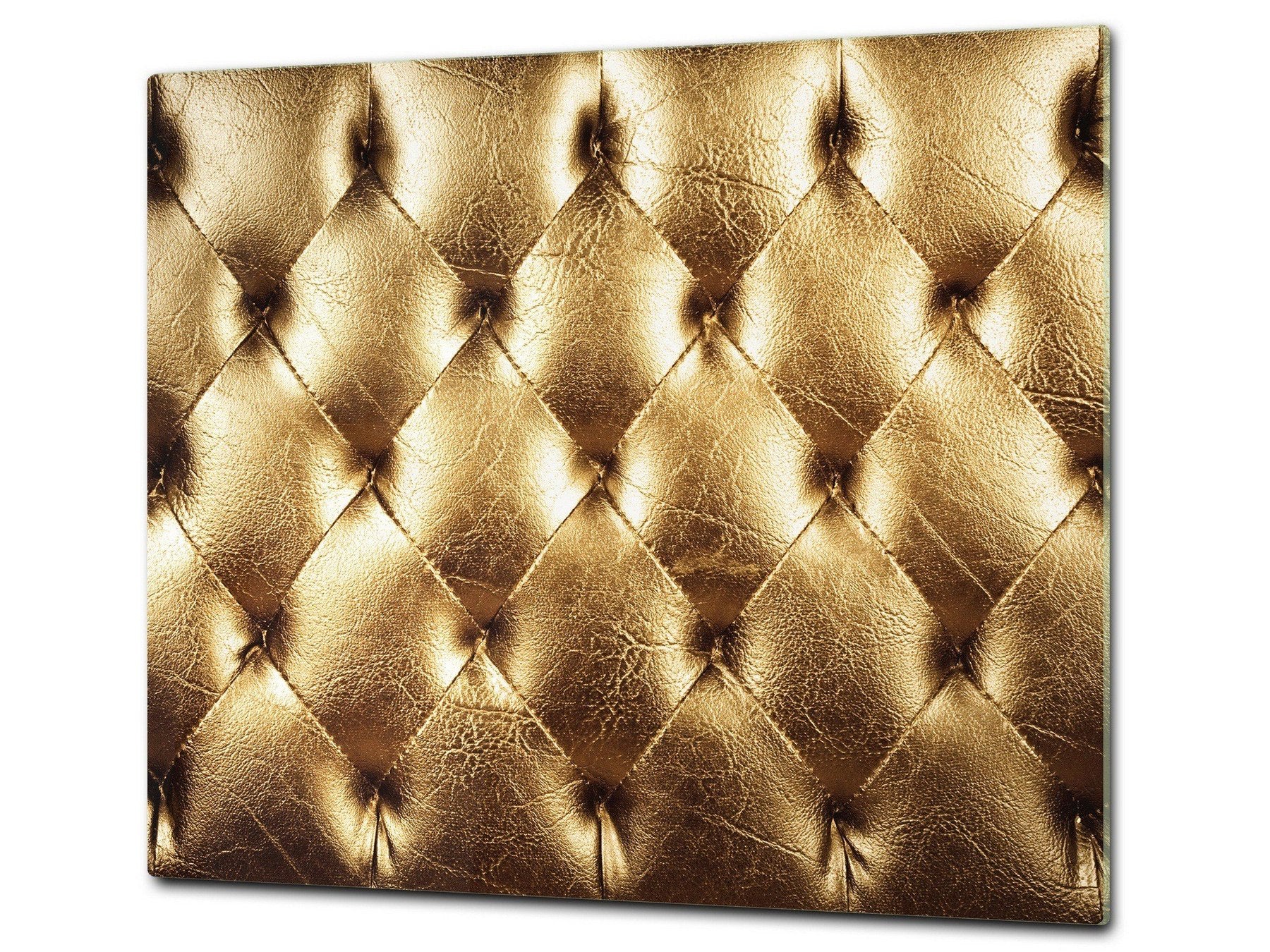 TEMPERED GLASS CHOPPING BOARD – Glass Cutting Board and Worktop Saver – Worktop protector; MEASURES: SINGLE: 60 x 52 cm (23,62” x 20,47”); DOUBLE: 30 x 52 cm (11,81” x 20,47”); D30 Decorative Surfaces Series: Golden leather upholstery 2